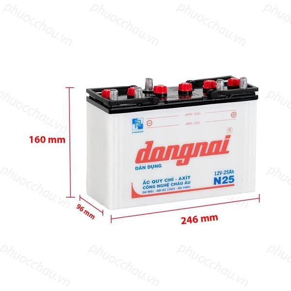 Bình ắc quy Đồng Nai N25 12V-25Ah mặt hông vỏ trắng kèm số đo chiều dài 246mm rộng 96mm cao 170mm