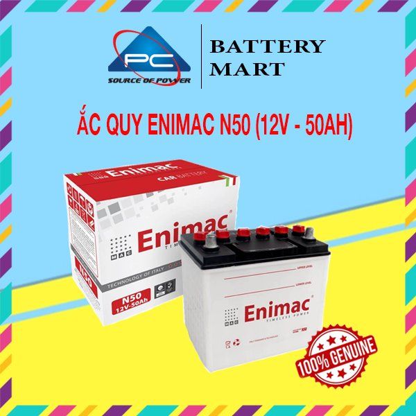Ắc quy Enimac N50 12V-50Ah ảnh quảng cáo sản phẩm kèm vỏ hộp và logo thương hiệu