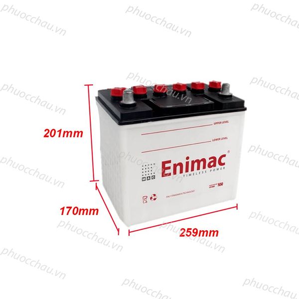 Bình ắc quy Enimac N50 12V-50Ah ảnh nghiêng phải kèm số đo kích thước 259x170x201mm