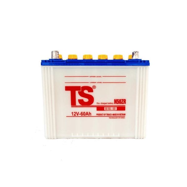 Bình ắc quy Tia Sáng N50Z 12V-60Ah nhìn thẳng mặt trước, vỏ trắng nắp xanh, 2 cọc bình và 6 nút tròn vàng