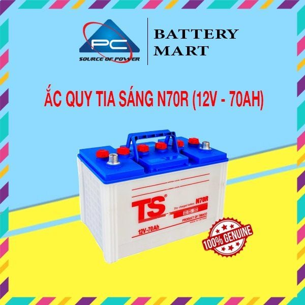 Bình ắc quy Tia Sáng N70R 12V-70Ah nhìn chéo trái, nắp xanh, tem TS đỏ, logo Battery Mart