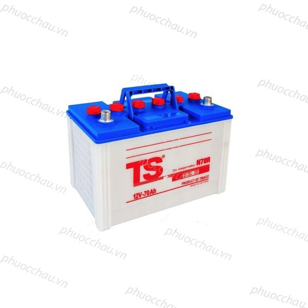 Bình ắc quy Tia Sáng N70R 12V-70Ah nhìn từ trên xuống, nắp xanh, 2 cọc bình, tay xách