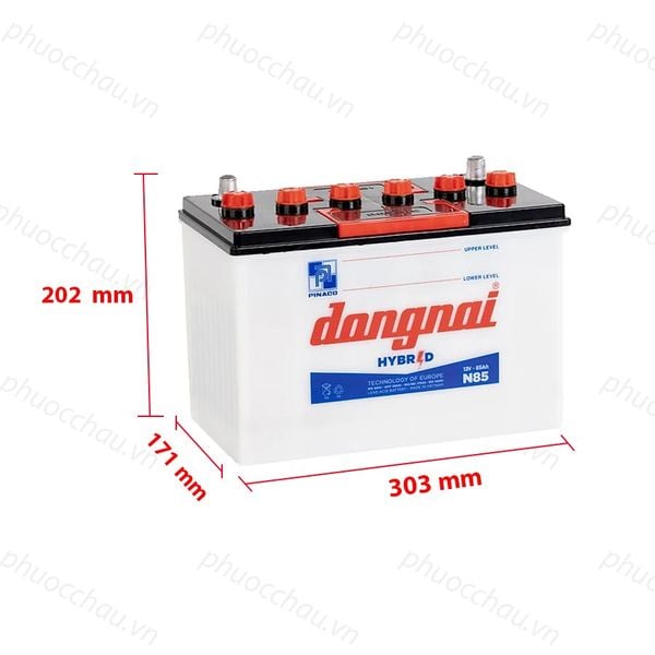 Ắc quy Đồng Nai N85 12V-85AH kích thước dài 303mm rộng 171mm cao 200mm