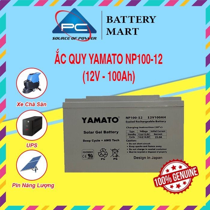 Ắc Quy Xe Máy Điện YAMATO NP100-12 12V-100Ah, acquy dùng cho Xe Điện Golf, Năng Lượng Mặt Trời, Inverter