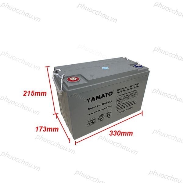 Ắc quy Yamato NP100-12 12V-100Ah có kích thước 330x173x215mm góc nghiêng trái