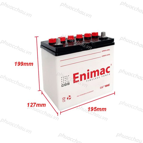 Bình ắc quy Enimac NS40Z 12V-40Ah bản vẽ kích thước dài 195mm rộng 127mm cao 199mm vỏ trắng nắp đen