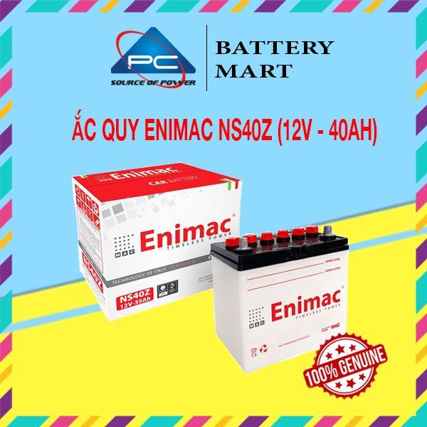 Ắc quy Enimac NS40Z 12V-40Ah ảnh quảng cáo sản phẩm kèm vỏ hộp và tem chính hãng