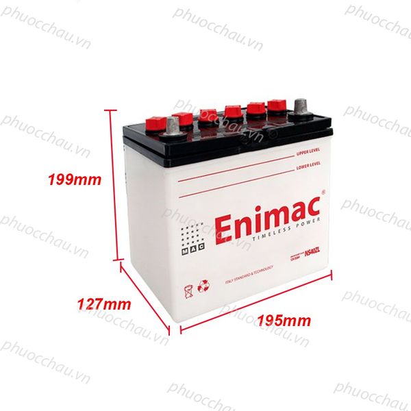Bình ắc quy Enimac NS40ZL 12V-40Ah góc nghiêng phải kèm số đo chiều cao 199mm