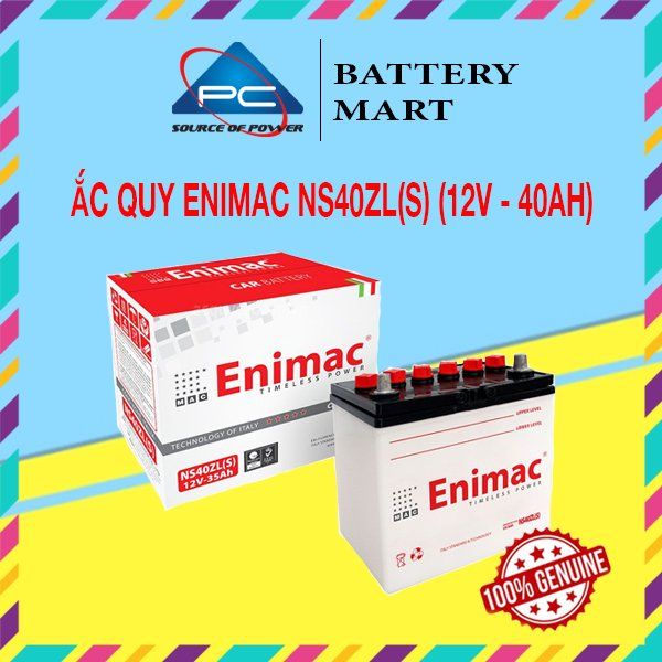 Ắc quy Enimac NS40ZL(S) 12V-40Ah ảnh quảng cáo sản phẩm kèm vỏ hộp đỏ và tem 100% Genuine