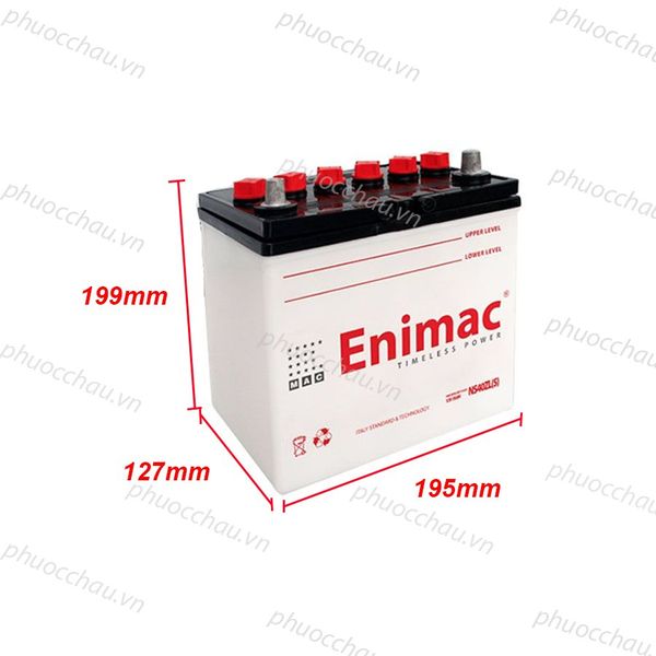 Bình ắc quy Enimac NS40ZL(S) 12V-40Ah góc nghiêng trái kèm số đo chiều dài 195mm rộng 127mm cao 199mm
