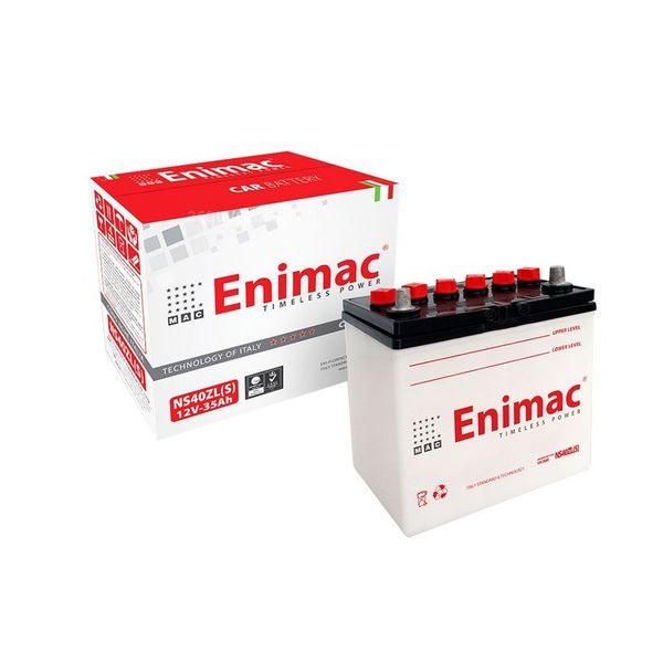 Bình ắc quy Enimac NS40ZL(S) 12V-35Ah kèm vỏ hộp đỏ, nắp đen 2 cọc, tem chính hãng góc nghiêng trái