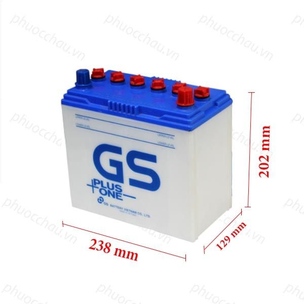 Bình ắc quy GS NS60LS 12V-45AH nghiêng phải kèm số đo kích thước 238mm x 129mm x 202mm