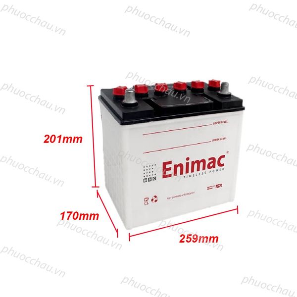 Bình ắc quy Enimac NS70 12V-65Ah nghiêng phải kèm kích thước 259x170x201mm