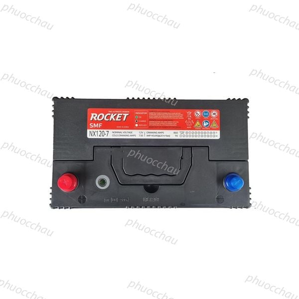Ắc quy ROCKET SMF NX120-7 12V-90Ah nhìn từ trên xuống, tem đỏ chỉ báo INDICATOR, cọc đỏ xanh