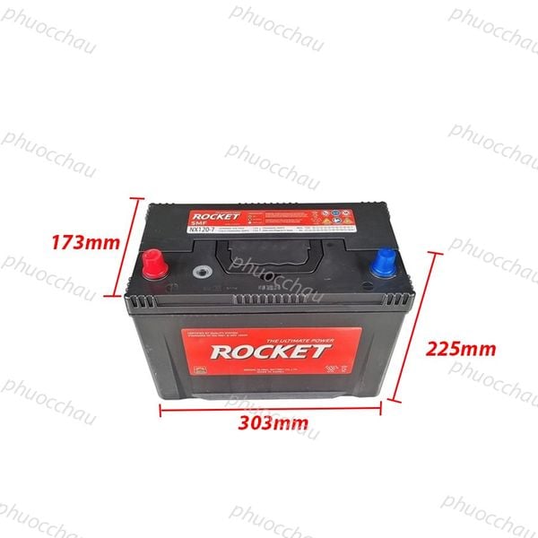 Ắc quy ROCKET SMF NX120-7 12V-90Ah nghiêng phải kèm số đo kích thước 303x173x225mm