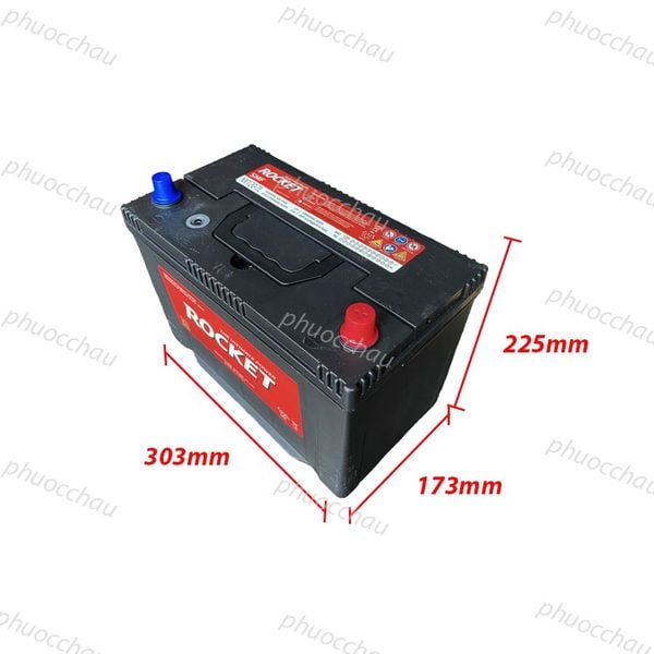 Bình ắc quy ROCKET SMF NX120-7L 12V-90Ah nhìn nghiêng phải kèm số đo kích thước 303mm x 173mm x 225mm