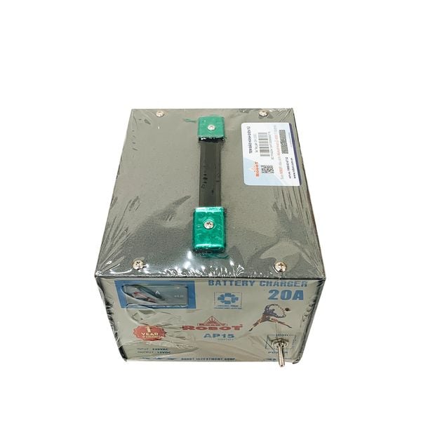 Máy sạc ắc quy Robot AP15 20A 12V nhìn từ trên xuống, quai xanh lá và tem niêm phong