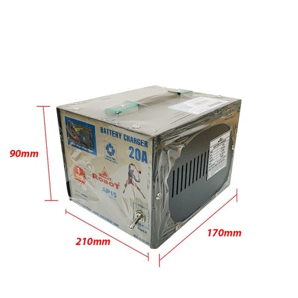 Máy sạc ắc quy Robot AP15 20A 12V góc nghiêng trái kèm số đo kích thước 210x170x90mm