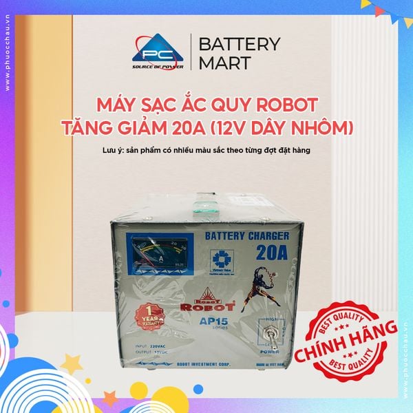Máy sạc ắc quy Robot AP15 tăng giảm 20A 12V mặt trước có đồng hồ đo dòng, tem bảo hành 1 năm