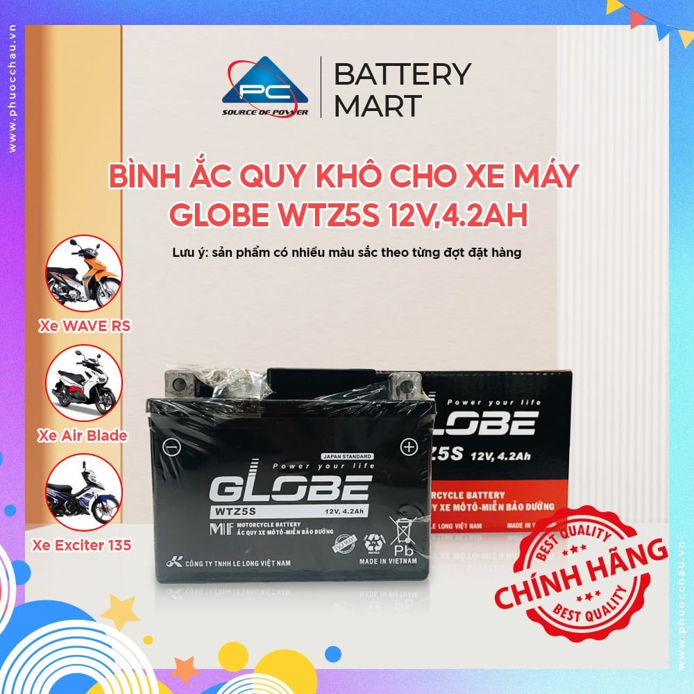 Bình Ắc Quy Khô WTZ5S 12V,4.2Ah / WTD4V 12V3.5Ah hiệu GLOBE Cho Xe WAVE RS100/ WAVE RS 110/ EXCITER 135/ AIRBLADE 110