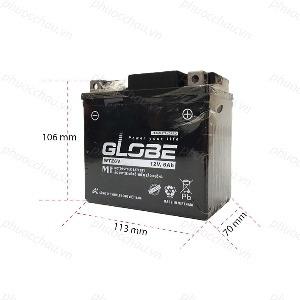 Bình Ắc Quy Khô Xe Máy GLOBE WTZ6V 12V6AH dùng cho NOZZA, AirBlade, SH MODE, SH Việt Nam