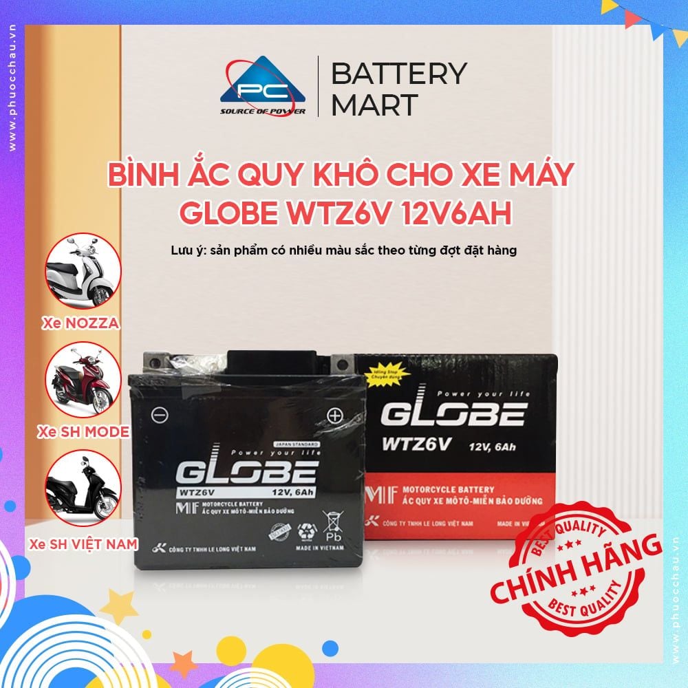 Bình Ắc Quy Khô Xe Máy GLOBE WTZ6V 12V6AH dùng cho NOZZA, AirBlade, SH MODE, SH Việt Nam