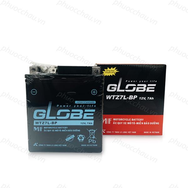 Bình ắc quy khô GLOBE WTZ7L-BP 12V-7Ah kèm vỏ hộp đen đỏ in mã sản phẩm và dòng chữ Motorcycle Battery