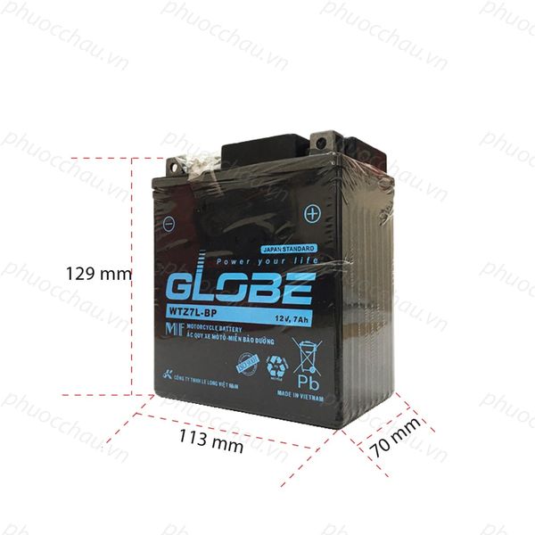 Bình ắc quy khô GLOBE WTZ7L-BP 12V-7Ah có số đo kích thước 129mm x 113mm x 70mm