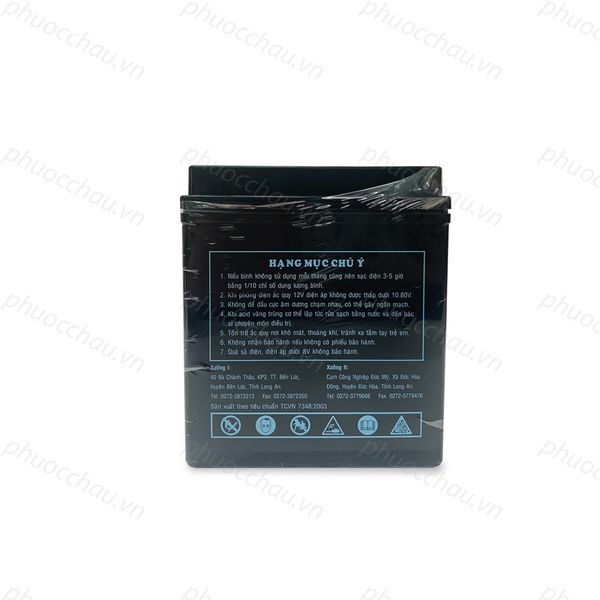 Bình ắc quy khô GLOBE WTZ7L-BP 12V-7Ah mặt sau vỏ đen in hướng dẫn sử dụng và cảnh báo an toàn
