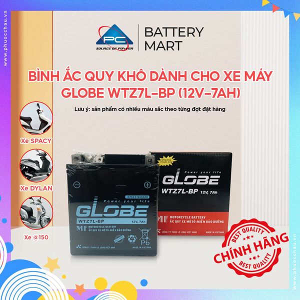 Bình ắc quy khô GLOBE WTZ7L-BP 12V-7Ah kèm hộp và hình xe Spacy, Dylan, @150 minh họa ứng dụng