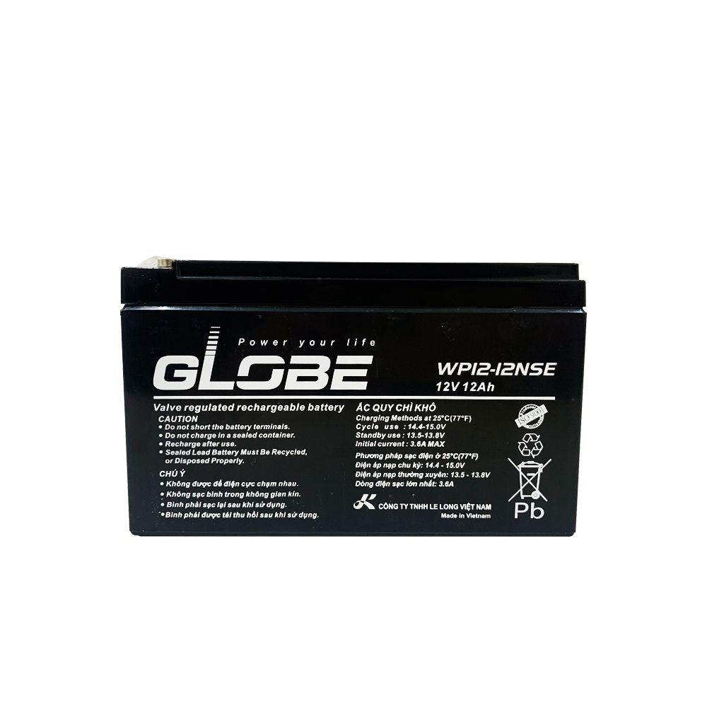 Bình Ắc Quy Khô Globe WP12-12 12V12AH, dùng cho loa kéo, bình phun thuốc, ups, xe đạp điện