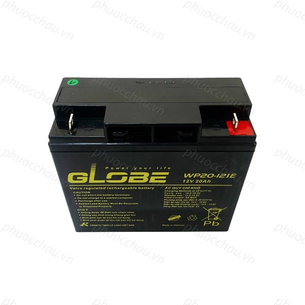 Bình ắc quy khô GLOBE WP20-12IE 12V 20Ah nhìn từ trên xuống, thấy rõ 2 cọc và tem thông số