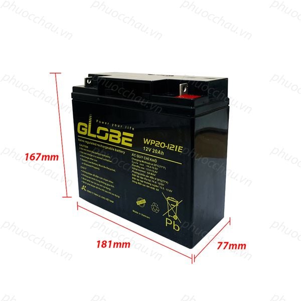 Bình ắc quy khô GLOBE WP20-12IE 12V 20Ah với kích thước dài 181mm, rộng 77mm, cao 167mm