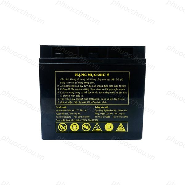 Bình ắc quy khô GLOBE WP20-12IE 12V 20Ah mặt sau vỏ đen in hạng mục chú ý và ký hiệu cảnh báo