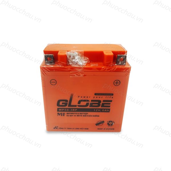 Bình ắc quy Globe WP5S-3BP 12V 6Ah cận cảnh 2 cọc bình kèm ốc vít màu cam cho xe Dream Wave