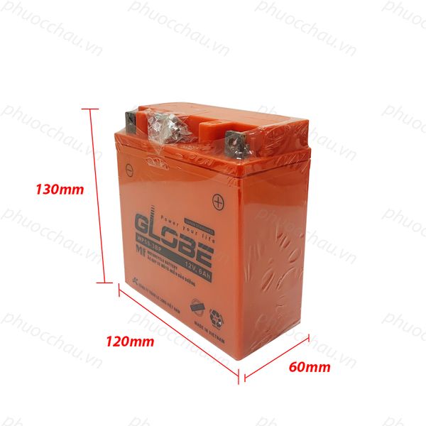 Bình ắc quy Globe WP5S-3BP 12V 6Ah có kích thước dài 120mm rộng 60mm cao 130mm cho xe Dream Wave