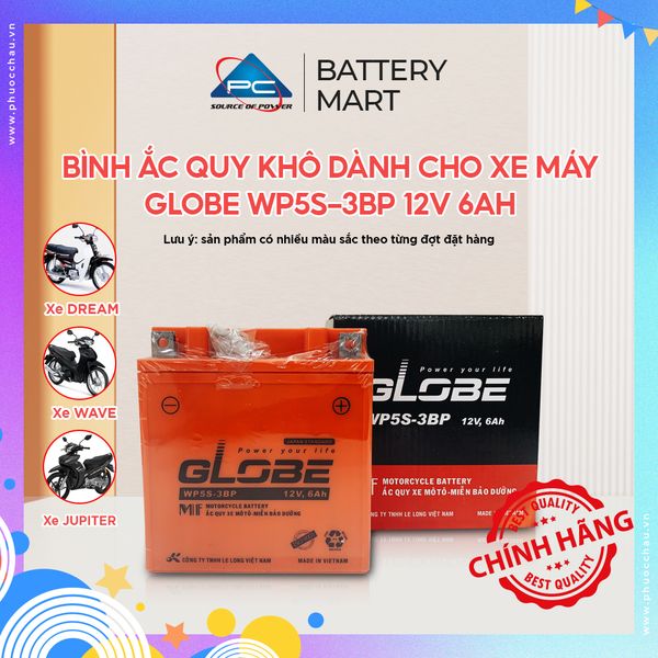 Bình ắc quy Globe WP5S-3BP 12V 6Ah ảnh quảng cáo sản phẩm kèm vỏ hộp cho xe Dream Wave Jupiter