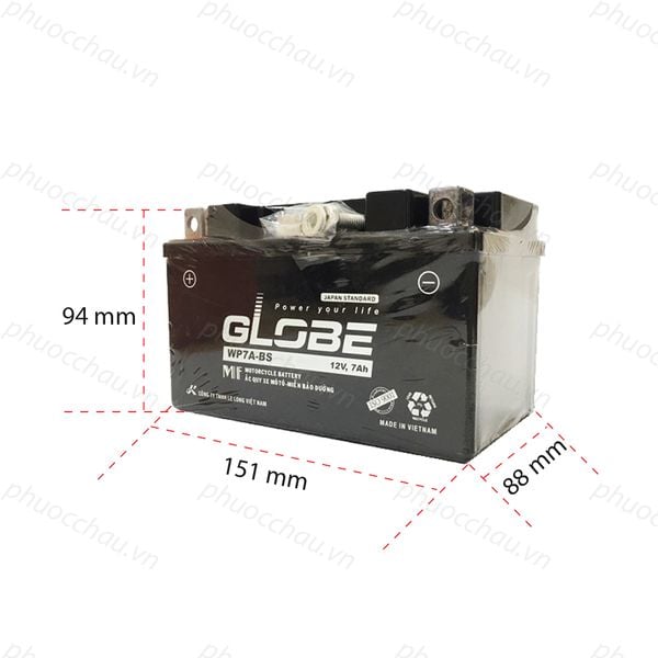 Bình ắc quy khô GLOBE WP7A-BS 12V-7Ah ắc quy lùn kèm hình vẽ kích thước dài 151mm rộng 88mm cao 94mm