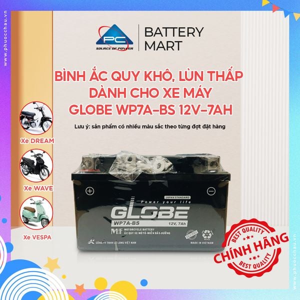Ắc quy khô GLOBE WP7A-BS 12V-7AH lùn thấp cho xe máy Atila Spacy Vespa kèm minh họa xe Dream Wave Vespa
