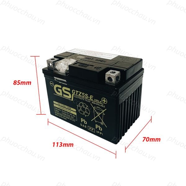Bình ắc quy khô GS GTZ5S-E 12V 3.5Ah nghiêng phải kèm số đo kích thước 113x70x85mm