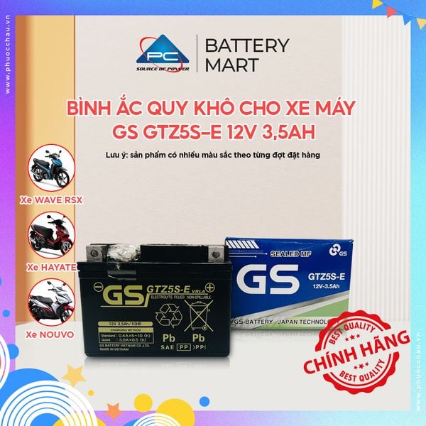 Ắc quy khô GS GTZ5S-E 12V 3,5Ah cho xe Wave RSX, Hayate, Nouvo kèm vỏ hộp và tem chính hãng
