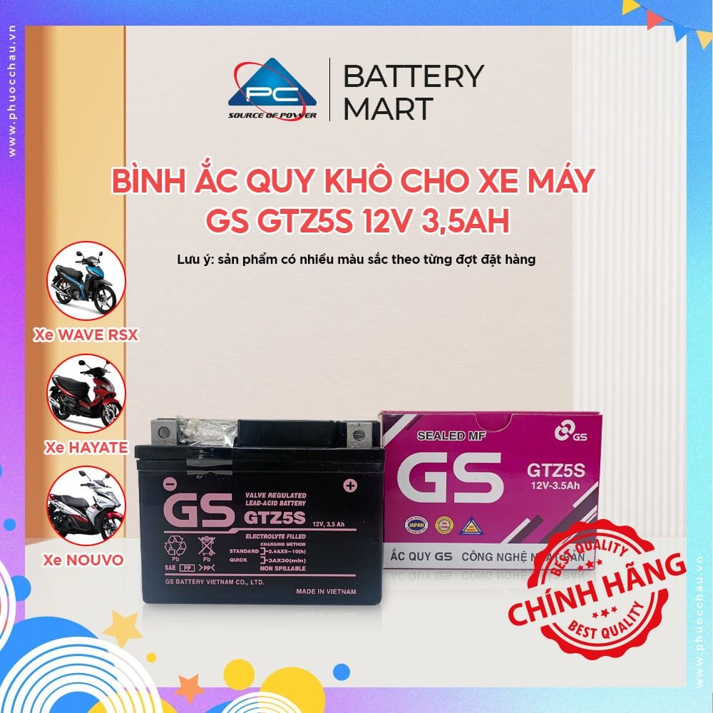 Ắc quy khô GS GTZ5S 3,5Ah Wave RS Rsx Rsv S, Nouvo456, Airblade110, Hayate X-Bike SKY Exciter Luvias Cub acquy Yuasa