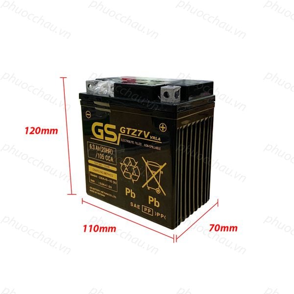 Bình ắc quy xe NVX 155 GS khô GTZ7V 12V 6.3Ah nghiêng phải kèm số đo 120mm x 110mm x 70mm