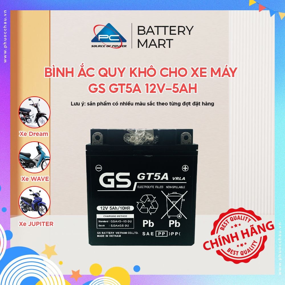 Bình ắc quy khô GS GT5A 12V-5Ah cho xe máy Dream, Wave, Future, Sirius, Jupiter, Taurus, Mio