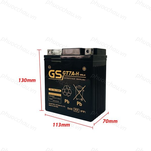 Bình ắc quy khô GS GT7A-H 12V-7Ah nghiêng phải kèm số đo kích thước 113mm x 70mm x 130mm