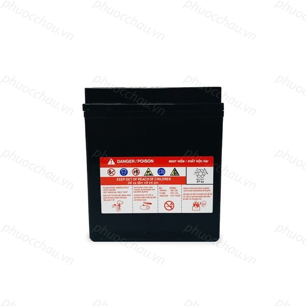 Bình ắc quy khô GS GT7A-H 12V-7Ah mặt sau tem cảnh báo DANGER POISON và ký hiệu Pb
