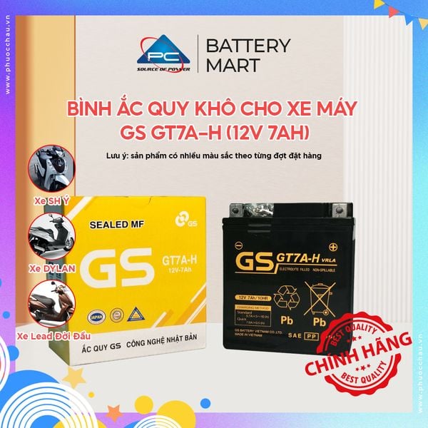 Ảnh quảng cáo bình ắc quy khô GS GT7A-H 12V-7Ah kèm vỏ hộp và minh họa xe SH Ý, DYLAN, Lead
