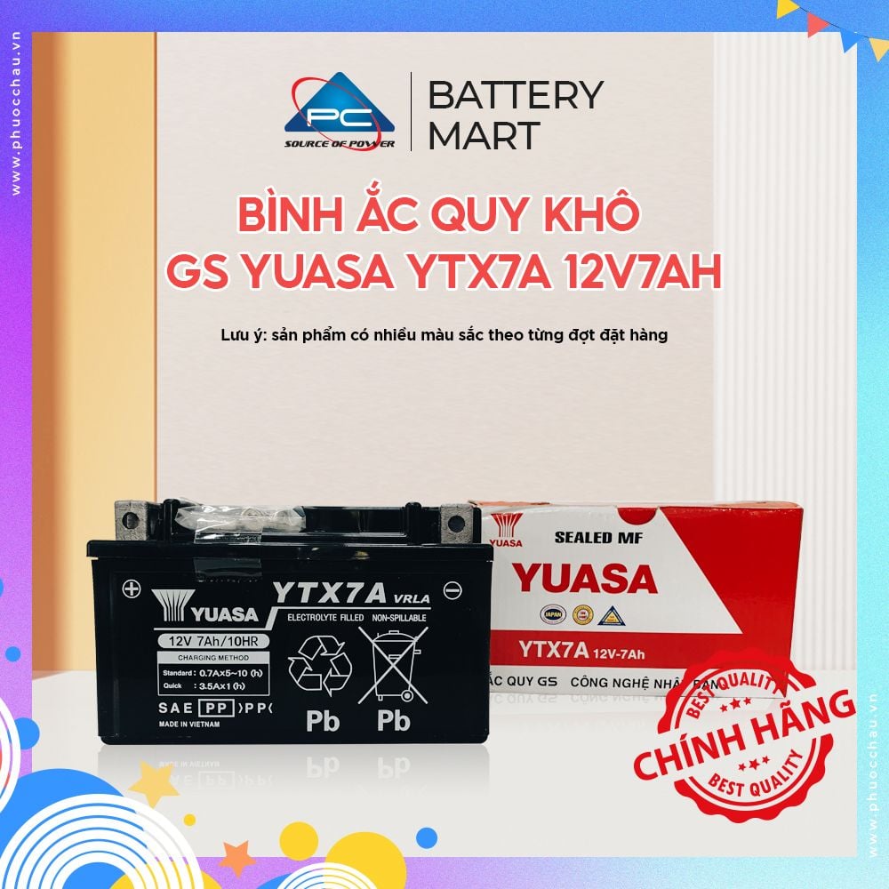 Bình Ắc Quy Khô GS YUASA YTX7A 12V7AH Attila Đời Đầu / Đời 2, Attila Victoria Đời Đầu 2004-2005 (12V-7Ah)