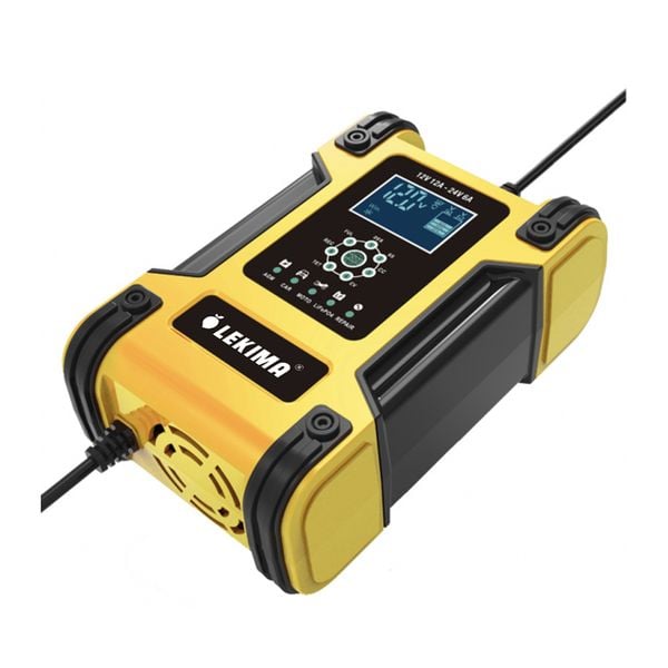 Máy sạc bình ắc quy LEKIMA 12V 12A - 24V 6A góc nghiêng trái, mặt trên nổi bật logo LEKIMA và dàn nút bấm