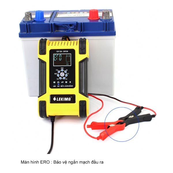 Máy sạc bình ắc quy LEKIMA 12V 12A - 24V 6A kẹp vào bình ắc quy ô tô, màn hình báo lỗi ERO
